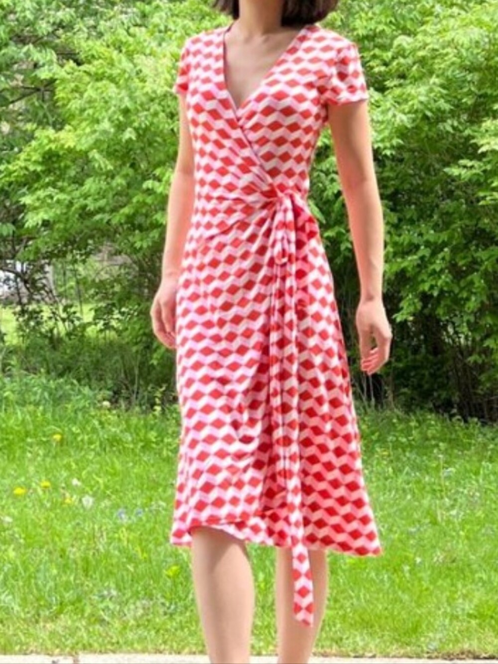 Boden Coral and White Geometric Wrap Maxi Dress